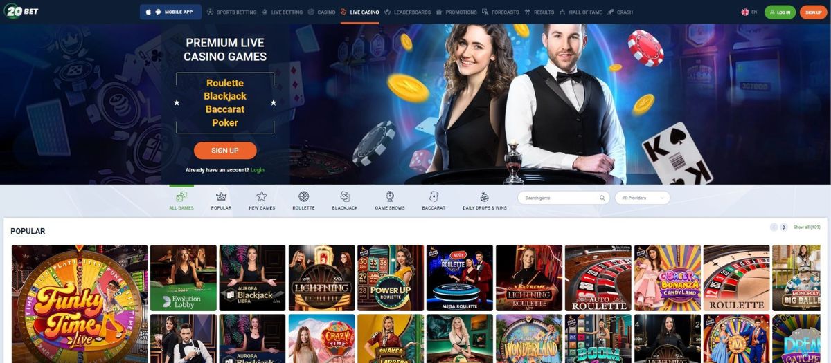 20Bet offers an impressive selection of live dealer games